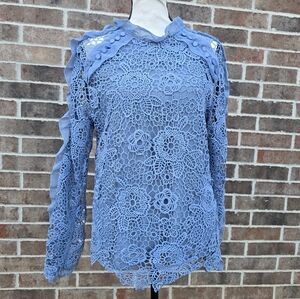 Ina Blue Guipure Lace Blouse Women’s M Ruffle Sleeve Floral Crochet Lace Top
